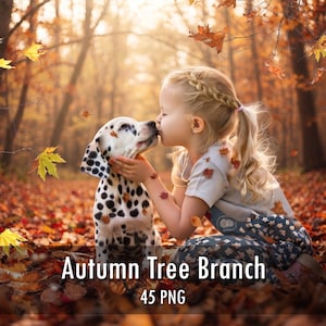 Peut inclure: Un jeune enfant aux cheveux blonds tressés, portant un t-shirt blanc et un pantalon à motifs, embrasse un chiot dalmatien blanc à taches noires. La scène se déroule dans une forêt avec des feuilles d'automne orange et jaunes au sol.