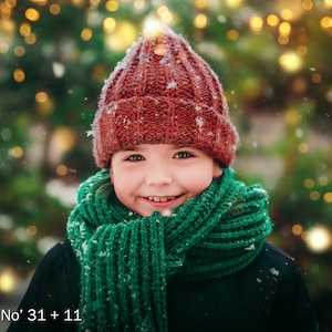 May include: A rust-colored knit beanie with a ribbed texture and a thick, vibrant green knit scarf. The beanie and scarf are dusted with light snowflakes. The text "Bokeh No' 31 + 11" is printed in the bottom left corner of the image.