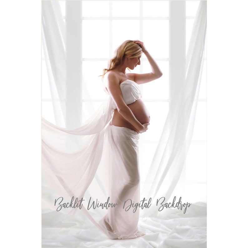 May include: A pregnant woman in a white dress stands in front of a window with white curtains. The light from the window creates a soft, ethereal glow around her. The text "Backlit Window Digital Backdrop" is visible at the bottom of the image.