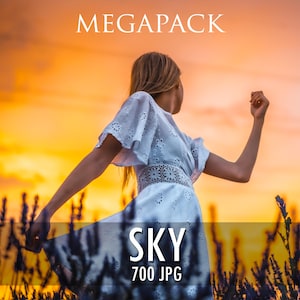 May include: A white dress with eyelet embroidery and a wide waistband, featuring short flared sleeves. The text MEGAPACK SKY 700 JPG is overlaid on the image, which shows a sunset background with orange and yellow hues and dark silhouettes.