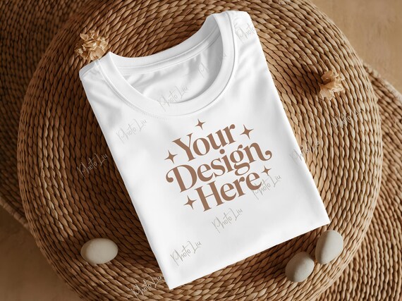 WHITE Bella Canvas 3001 Folded Mockup, Boho Flat Lay Tshirt Mock-up, Bella and Canvas Folded T-shirt Flatlay Mockup