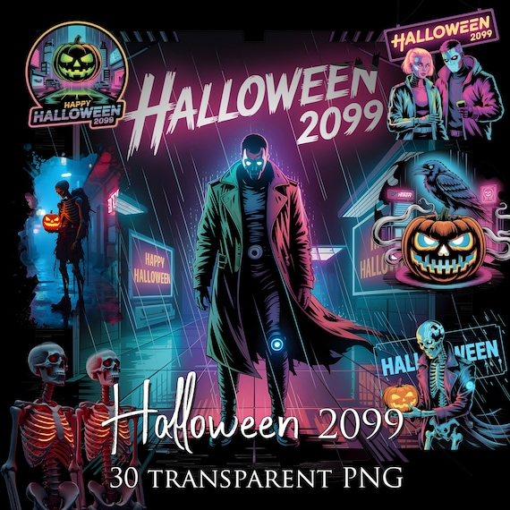 Neon Halloween 2099 Clip Art Bundle: 30 PNGs (Digital Download)
