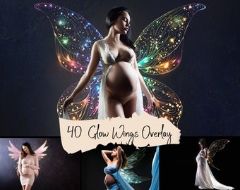 40 Glow Colorful Fairy Wings Overlays, Glitter Wings,  Digital Overlays, Maternity, JPG