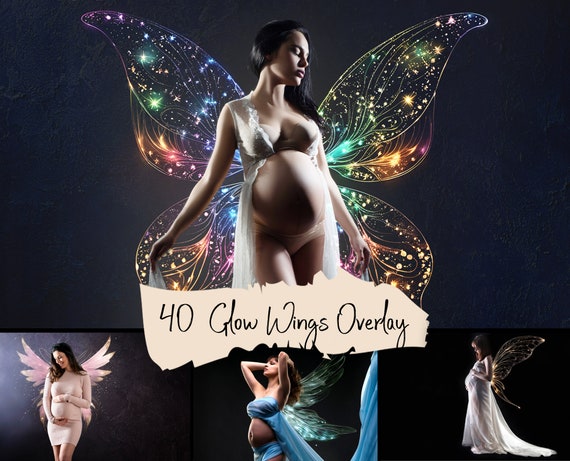 40 Glow Colorful Fairy Wings Overlays, Glitter Wings,  Digital Overlays, Maternity, JPG