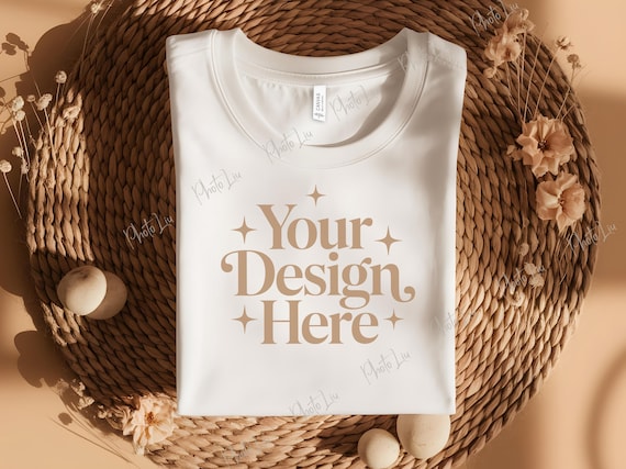 WHITE Bella Canvas 3001 Folded Mockup, Boho Flat Lay Tshirt Mock-up, Bella and Canvas Folded T-shirt Flatlay Mockup