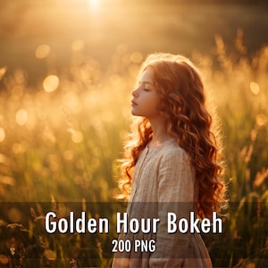 May include: A digital graphic featuring a person with long wavy hair standing in a field of tall grass during sunset. The image includes the text Golden Hour Bokeh 200 PNG. The scene is illuminated by warm golden light with a soft blurred background.