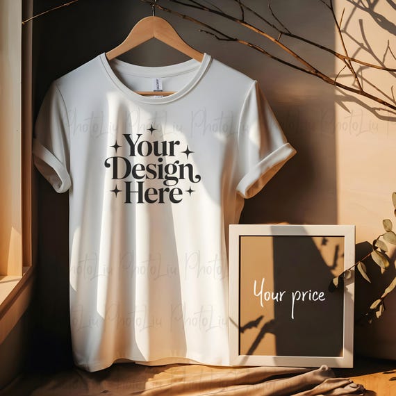 White Gildan 64000 Mockup, Gildan Softstyle Solid Shirt Mock, White T-shirt Photo, Boho Hanging Tshirt Mock-up