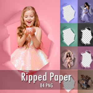 May include: A digital collection of 84 PNG files featuring ripped paper edges with transparent centers. The set includes various colored paper borders such as pink, purple, green, black, and brown, designed to frame photographs of people or pets.