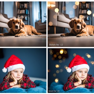 May include: A composite image showing a golden-colored dog lying on a floor and a child wearing a red and white Santa hat and a red plaid shirt. The right side of the image displays the same subjects with added circular bokeh light effects.