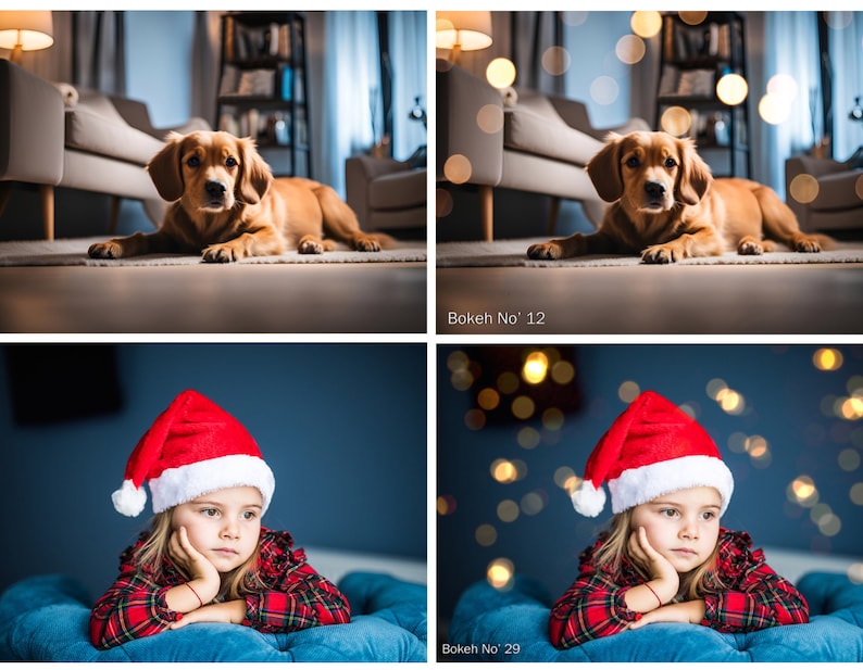 May include: A composite image showing a golden-colored dog lying on a floor and a child wearing a red and white Santa hat and a red plaid shirt. The right side of the image displays the same subjects with added circular bokeh light effects.