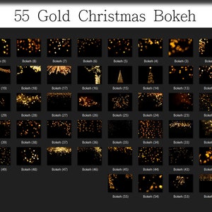 May include: A digital collection titled 55 Gold Christmas Bokeh featuring fifty-five individual rectangular thumbnails. Each thumbnail displays unique gold light bokeh patterns against a solid black background, labeled sequentially from Bokeh 1 to 55.