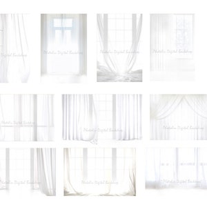 May include: Nine digital backdrops featuring white sheer curtains and a window with natural light. The backdrops are ideal for product photography or creating a bright and airy aesthetic.