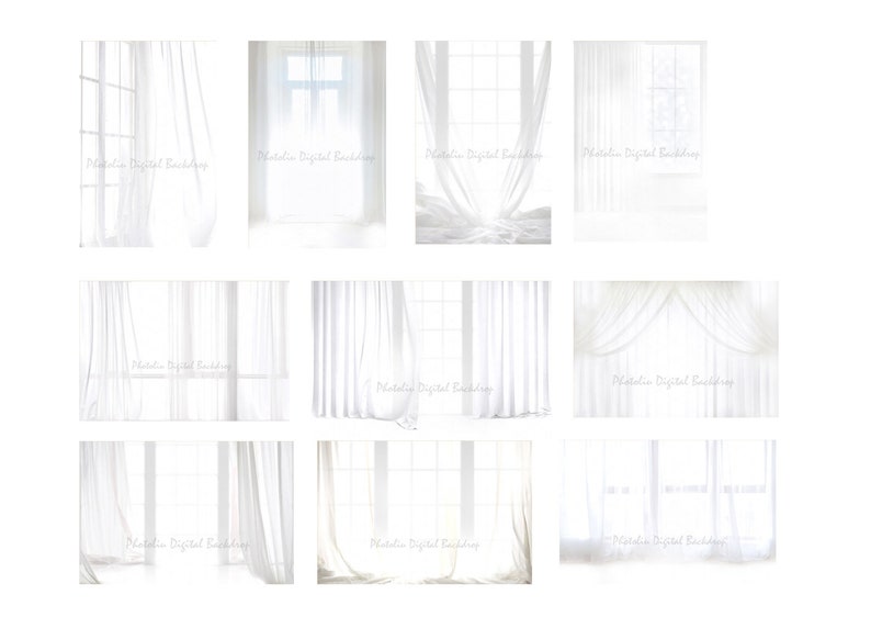 May include: Nine digital backdrops featuring white sheer curtains and a window with natural light. The backdrops are ideal for product photography or creating a bright and airy aesthetic.