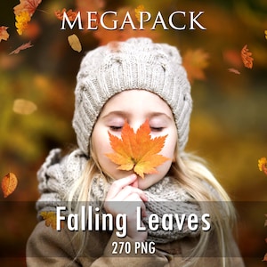 Puede incluir: Una colección gráfica digital titulada MEGAPACK Falling Leaves 270 PNG que muestra a una persona con un gorro y bufanda de punto trenzado beige, sosteniendo una hoja de arce naranja frente a su rostro sobre un fondo otoñal borroso.