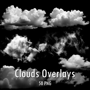 Könnte beinhalten: Eine Sammlung weißer Wolkenformationen vor einem einfarbigen schwarzen Hintergrund. Das Bild zeigt verschiedene Wolkentypen, darunter dichte Kumuluswolken und schleierartige Formationen, mit dem Text Clouds Overlays 50 PNG unten zentriert.