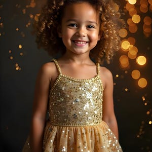 May include: A sleeveless dress featuring a gold sequined bodice and a matching tulle skirt adorned with scattered gold sequins. The garment has thin shoulder straps and a fitted waistline, creating a festive appearance with a shimmering texture.