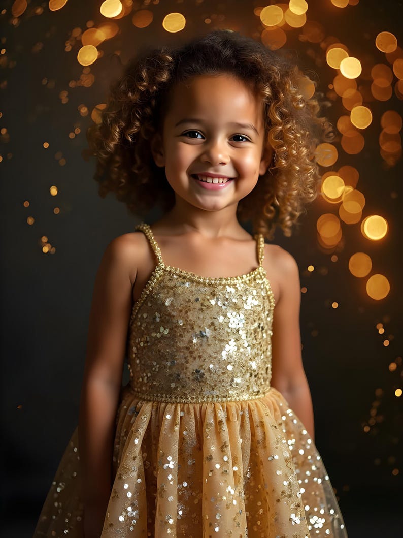 May include: A sleeveless dress featuring a gold sequined bodice and a matching tulle skirt adorned with scattered gold sequins. The garment has thin shoulder straps and a fitted waistline, creating a festive appearance with a shimmering texture.