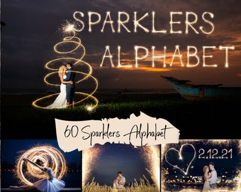 60 Sparklers Alphabet, Photoshop overlays, Transparent PNG + JPG