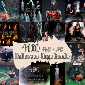 May include: A digital collection titled 1100 Halloween Huge Bundle PNG + JPG featuring various overlays including cobwebs, realistic blood, fire flames, lightning, ghosts, smoke bombs, ravens, bats, fog, smoke, mist, dust, and ripped paper effects.