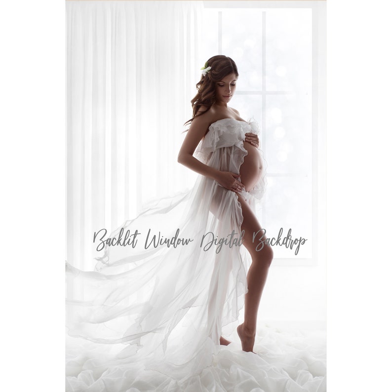 May include: A pregnant woman wearing a white sheer gown stands in front of a window with a white curtain. The gown is flowing and the woman is holding her belly. The text "Backlit Window Digital Backdrop" is written in the bottom center of the image.