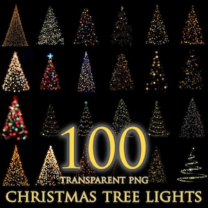 May include: A selection of 100 transparent PNG images featuring Christmas tree lights. The images display diverse styles, including traditional and abstract designs, with varied colours and light arrangements. The text "100 TRANSPARENT PNG CHRISTMAS TREE LIGHTS" is visible.