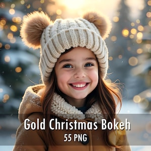 May include: A cream-colored knit beanie featuring two large, fluffy pom-poms on top, worn with a tan hooded jacket that has a textured, fleece-like collar. The text "Gold Christmas Bokeh 55 PNG" is overlaid at the bottom of the image.