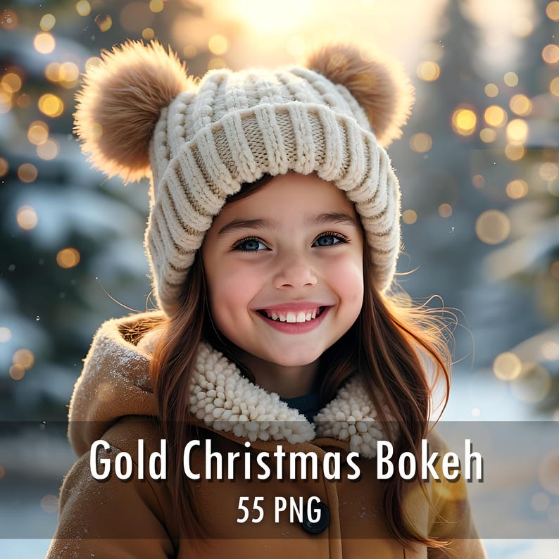 May include: A cream-colored knit beanie featuring two large, fluffy pom-poms on top, worn with a tan hooded jacket that has a textured, fleece-like collar. The text "Gold Christmas Bokeh 55 PNG" is overlaid at the bottom of the image.