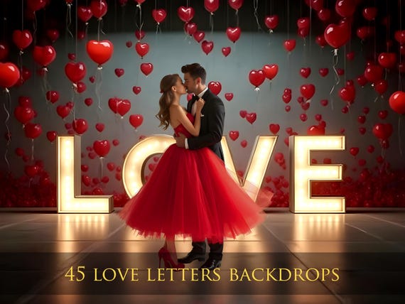 45 Love Letters Digital Backdrops, Valentines Day Digital Backdrops, Romantic Love Light Letters, Balloons and Hearts Backdrops