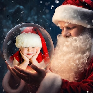 Sfondo di Babbo Natale con globo di neve, sfondo digitale natalizio, sovrapposizioni PNG, sovrapposizione di foto, clipart natalizie
