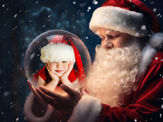 Santa Holding Snow Globe Backdrop, Christmas Digital Background, PNG Overlays, Photo Overlay, Christmas Clipart