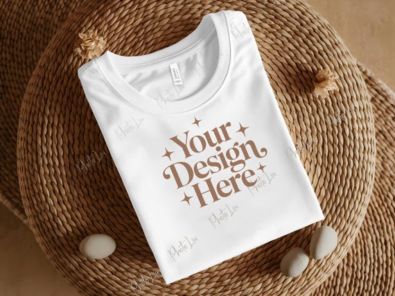WHITE Bella Canvas 3001 Folded Mockup, Boho Flat Lay Tshirt Mock-up, Bella and Canvas Folded T-shirt Flatlay Mockup