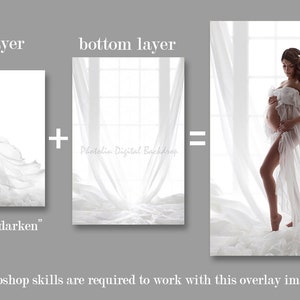 May include: A pregnant woman wearing a white sheer gown stands in front of a white window with sheer curtains. The image is a digital overlay, with instructions to use the "darken" mode in Photoshop.