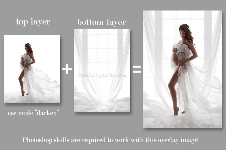 May include: A pregnant woman wearing a white sheer gown stands in front of a white window with sheer curtains. The image is a digital overlay, with instructions to use the "darken" mode in Photoshop.