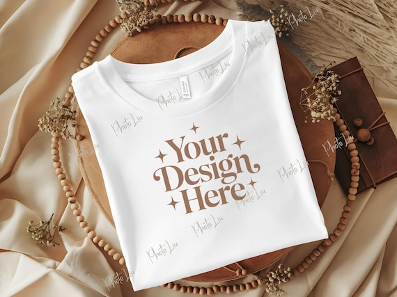 WHITE Bella Canvas 3001 Folded Mockup, Boho Flat Lay Tshirt Mock-up, Bella and Canvas Folded T-shirt Flatlay Mockup