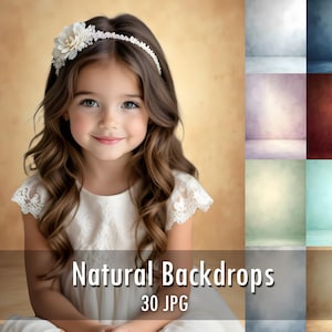May include: A collection of 30 digital photography backdrops featuring various solid and textured colours including tan, blue, purple, red, and green. The image displays a sample of a child wearing a white dress and a floral headband against a tan backdrop.
