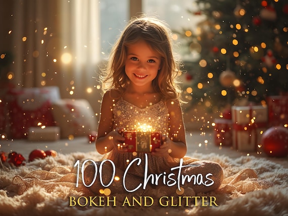 100 Christmas bokeh and glitter, Christmas blowing glitter, Gold bokeh, Christmas tree lights