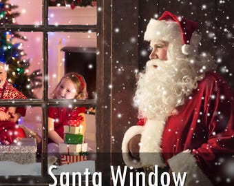 May include: A Santa Claus figure with a white beard and red suit stands outside a window, looking in at a child sitting near a Christmas tree and a stack of wrapped gifts. The text Santa Window is displayed at the bottom of the image.
