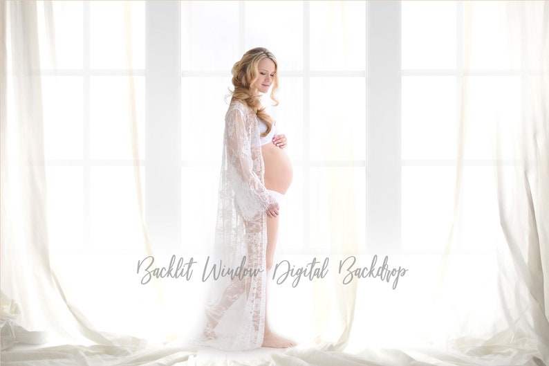 May include: A pregnant woman in a white lace robe stands in front of a window with white curtains. The window is backlit, creating a soft, ethereal glow. The text "Backlit Window - Digital Backdrop" is visible at the bottom of the image.