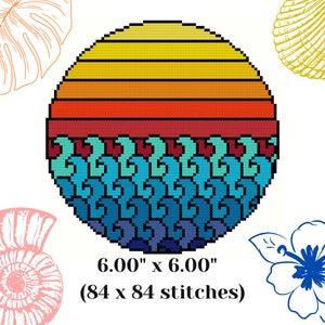 May include: A circular cross-stitch pattern featuring a sunset over the ocean. The sunset is depicted in shades of orange, yellow, and red, while the ocean is represented by blue, green, and turquoise waves. The pattern measures 6.00 inches by 6.00 inches and contains 84 x 84 stitches.