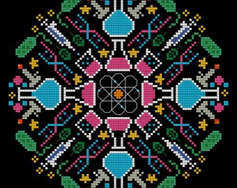 May include: A colorful pixel art mandala design featuring a central atom surrounded by beakers, leaves, and stars. The design is in shades of blue, green, pink, yellow, and white.