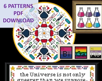May include: Six cross-stitch patterns featuring science and LGBTQ+ pride themes. The patterns include a colorful mandala with science symbols, a quote about the universe, and various pride flags. The text reads "6 PATTERNS PDF DOWNLOAD".