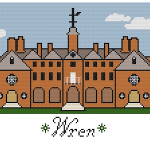Puede incluir: Una ilustración pixelada de un edificio de ladrillo con una torre alta y un letrero que dice "Wren". El edificio tiene un techo gris y muchas ventanas. El cielo es azul con nubes blancas.