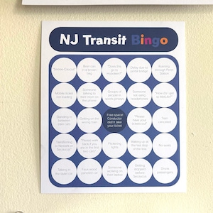 May include: A blue and orange bingo card with the title "NJ Transit Bingo". The card has 25 squares, each with a different scenario that might happen on a New Jersey Transit train.  Some examples include "Seeee-Caucus", "Beer can in a brown bag", "Does this go to Hoboken?", "Delay due to portal bridge", "Running through Penn Station", "Mobile ticket not loading", "Someone talking to their mom on the phone", "Groups of people in sports jerseys", "Someone not using headphones", "How do I get to MetLife?", "Standing in between train cars", "Getting on the wrong train", "Free space! Conductor didn't take your ticket", "Transferring in Newark or Secaucus", "Talking in the quiet car", "Please walk back if you are in the first two cars", "Please have your tickets out", "Train canceled", "Flickering lights", "Waking up at the last stop of the line", "No seats", "Faux wood paneled car", "Someone working on their laptop", "Getting stopped before Secaucus", and "Drunk passengers".