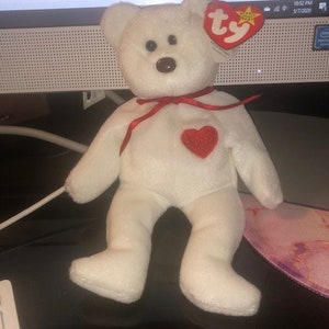 TY Beanie Baby Collection Valentino White Bear Red Hearts W/ Brown Nose
