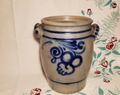 Antique Salt Glazed Westerwald Blue Decorative Handled Crock, German