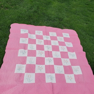 Vintage Embroidered Quilt, Pink, hand-stiched, flowers,