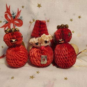 Vintage Christmas Paper Ornaments, set of 3, Birds, Santa, Japan, Honeycomb style