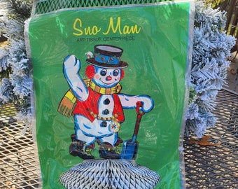 Vintage Beistle Co. Art Tissue Snowman Centerpiece, Crepe Paper, Honeycomb, NOS