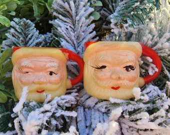 Vintage Pair of Celluloid Mini Santa Mugs, Japan