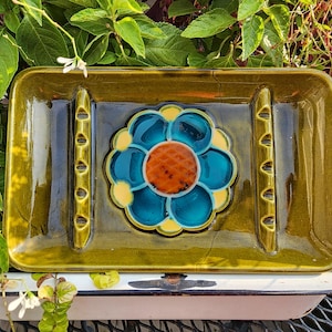 Vintage MCM Lounge Style Ashtray, Tobacco, Green/Teal, Japan